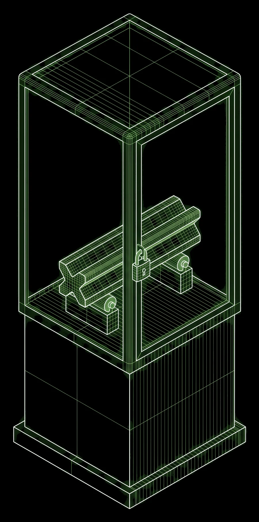 Wireframe drawing of a standard metre bar resting inside a locked glass display case on a pedestal
