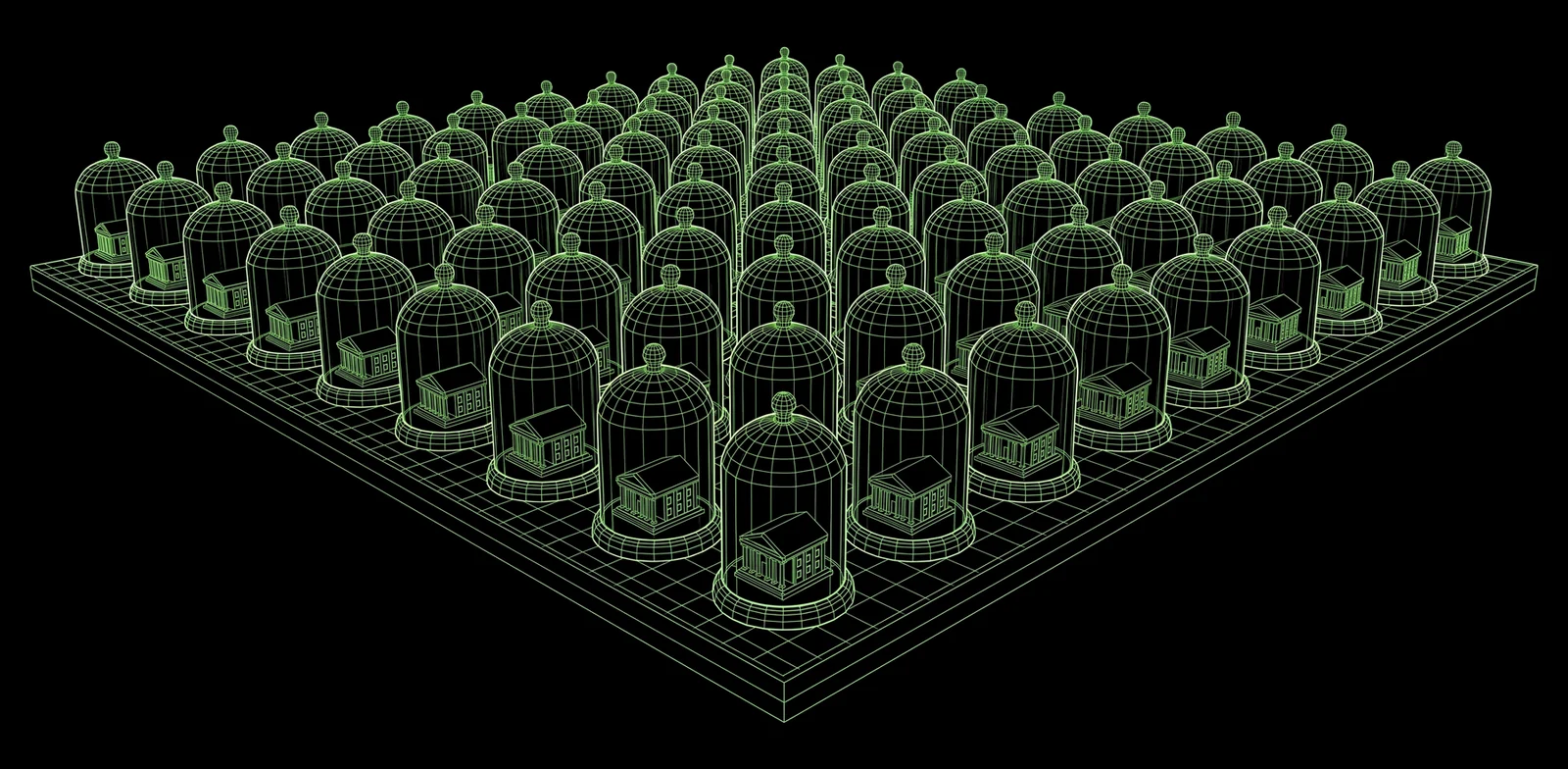 Wireframe drawing of one large platform covered in rows of identical glass bell jars, each sealing the same small building