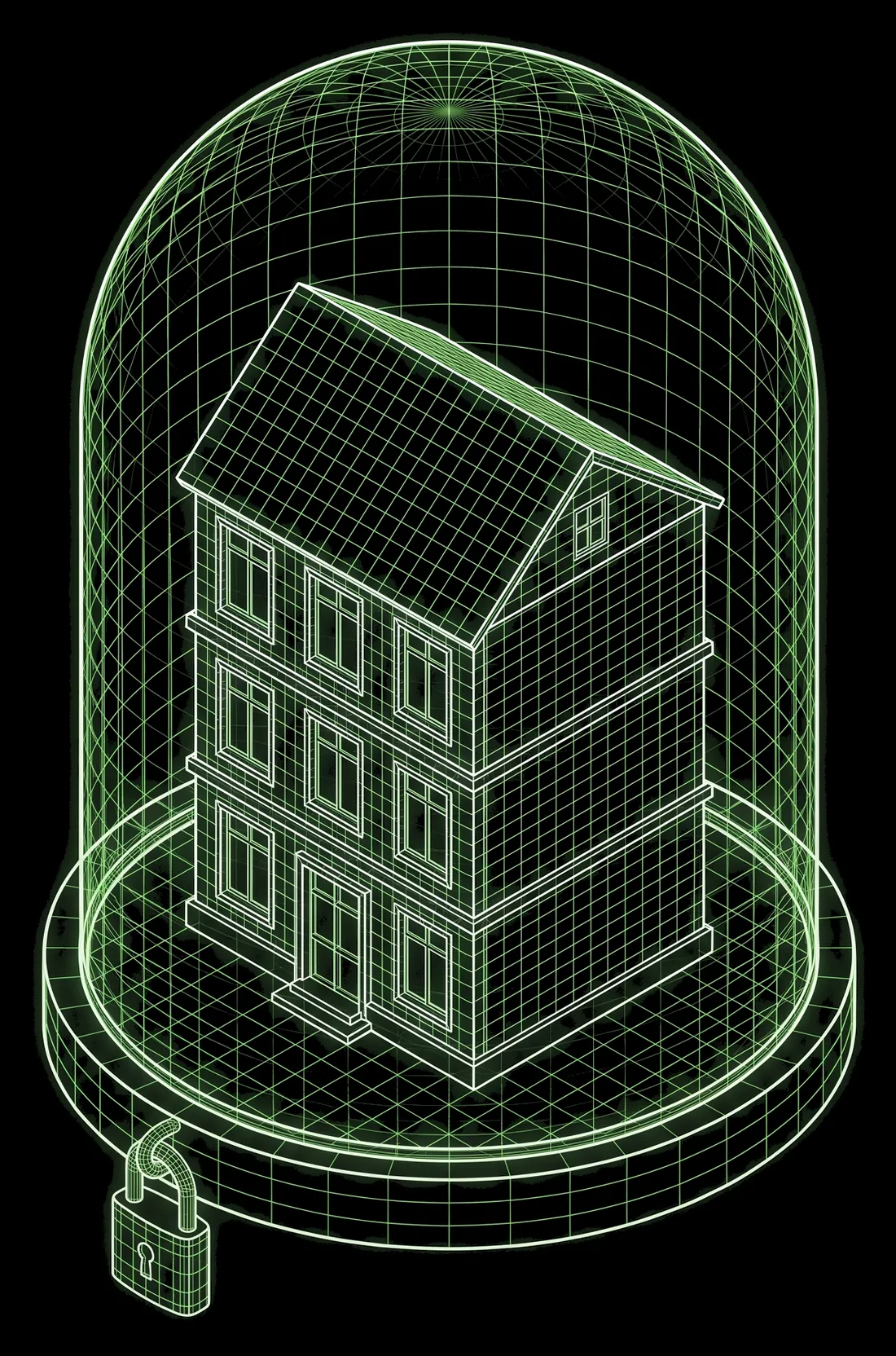Wireframe drawing of a small bank building sealed inside a glass bell jar, with a padlock on its base