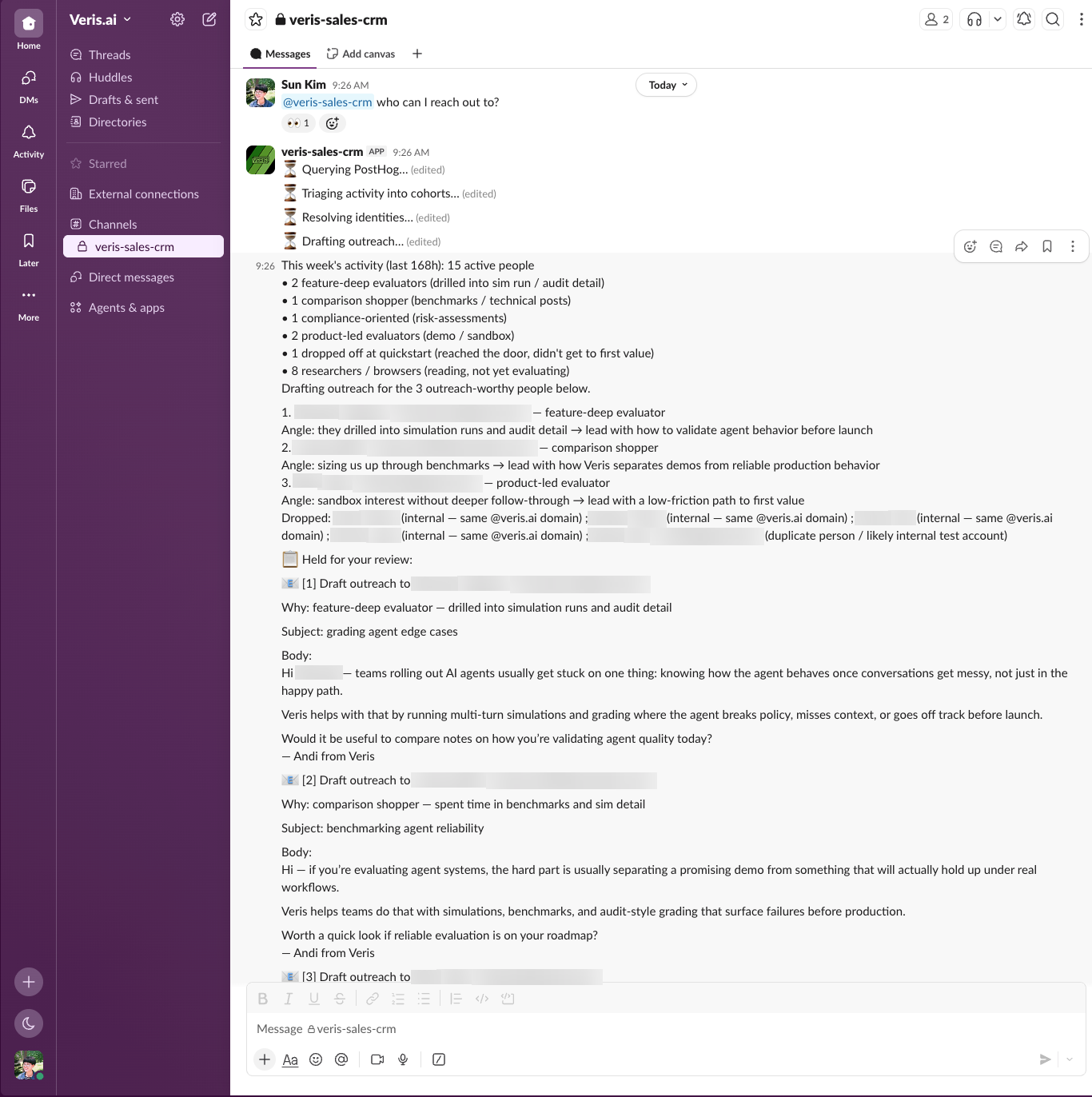 The sales outreach agent working a Slack channel: querying PostHog, triaging activity into cohorts, and holding drafted outreach for human review.